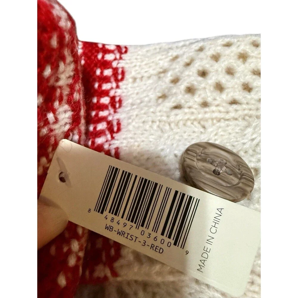 Simply Noelle Wrist Warmers Red Ivory Knit Fingerless Gloves Buttons NWT
